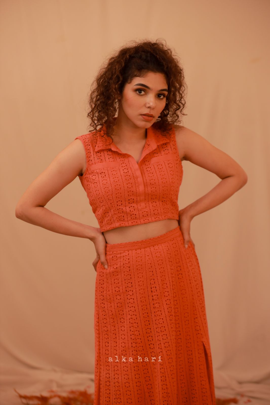 Carrot colour hakoba crop top and skirt